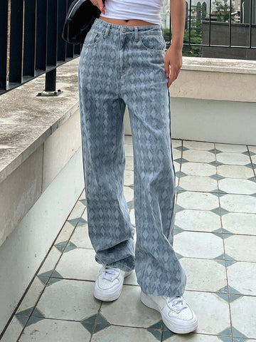 DAZY Argyle Pattern Wide Leg Jeans Without Belt