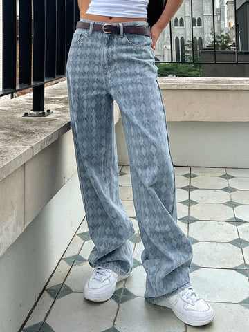 DAZY Argyle Pattern Wide Leg Jeans Without Belt