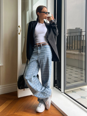 DAZY Argyle Pattern Wide Leg Jeans Without Belt