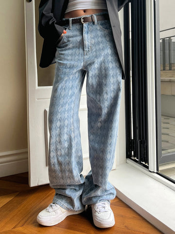 DAZY Argyle Pattern Wide Leg Jeans Without Belt