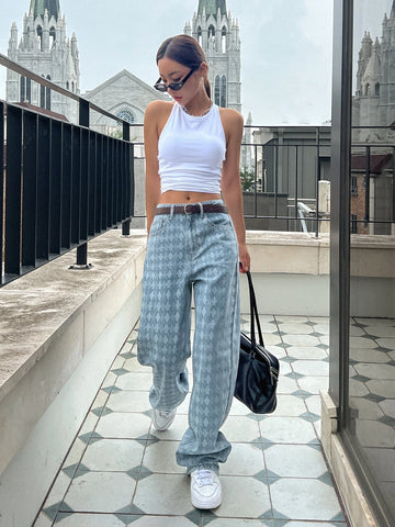 DAZY Argyle Pattern Wide Leg Jeans Without Belt