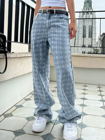DAZY Argyle Pattern Wide Leg Jeans Without Belt