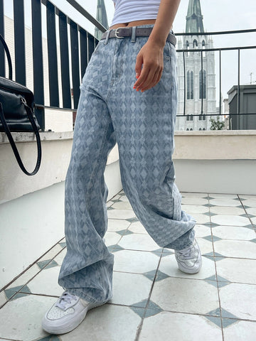 DAZY Argyle Pattern Wide Leg Jeans Without Belt
