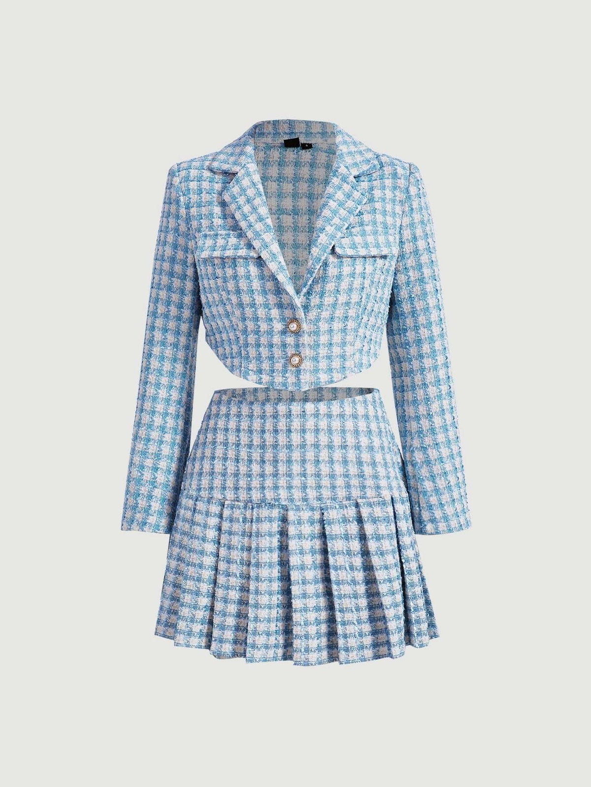 MOD Double Button Front Tweed Blazer & Pleated Skirt