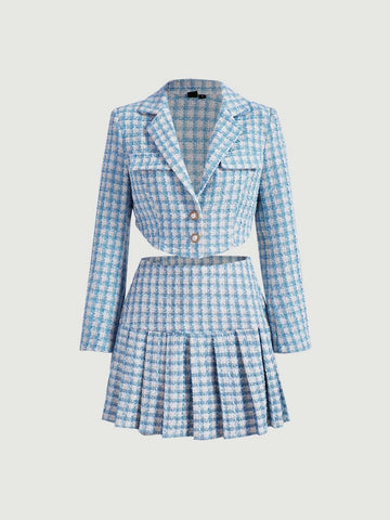 MOD Double Button Front Tweed Blazer & Pleated Skirt