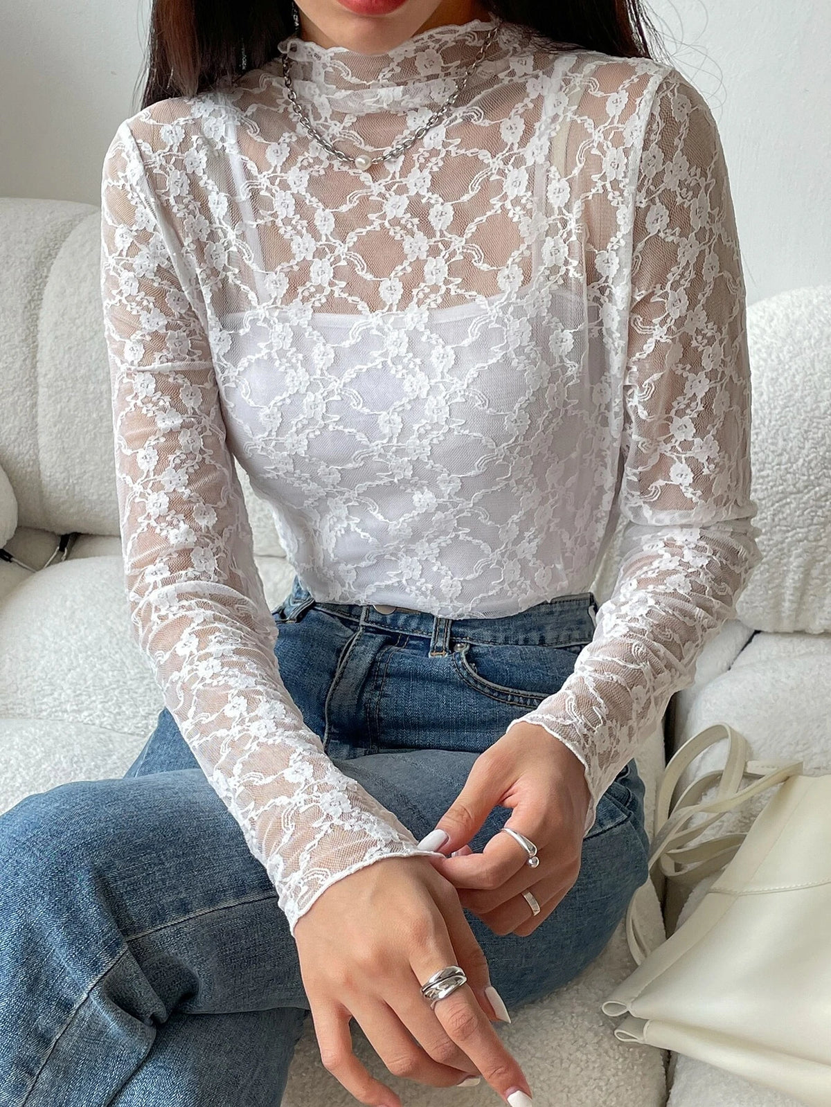 DAZY Mock Neck Lace Top Without Camisole