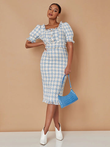 Plaid Square Neck Ruffle Trim Split Back Tweed Dress