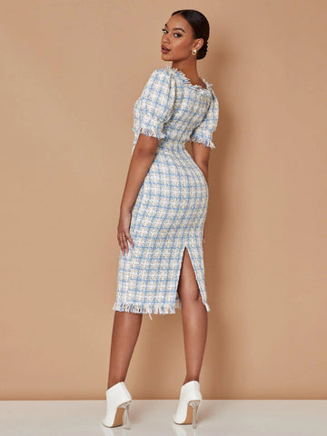 Plaid Square Neck Ruffle Trim Split Back Tweed Dress