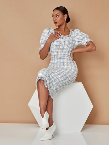 Plaid Square Neck Ruffle Trim Split Back Tweed Dress
