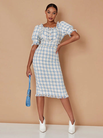 Plaid Square Neck Ruffle Trim Split Back Tweed Dress