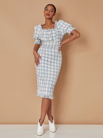 Plaid Square Neck Ruffle Trim Split Back Tweed Dress