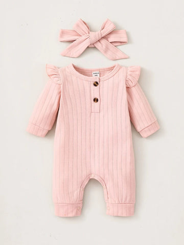 Newborn Baby Ruffle Trim Jumpsuit & Headband