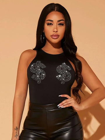 Rhinestone Dollar Sign Pattern Tank Bodysuit