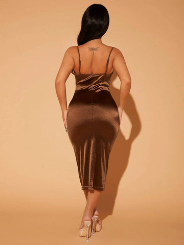 Draped Collar Backless Satin Bodycon Dress