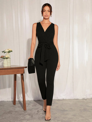 Surplice Neck Belted Unitard Jumpsuit