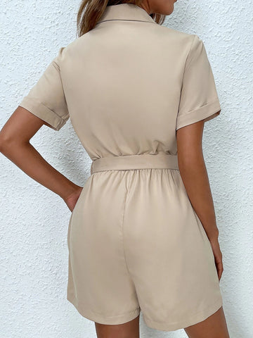 Solid Button Front Belted Shirt Romper