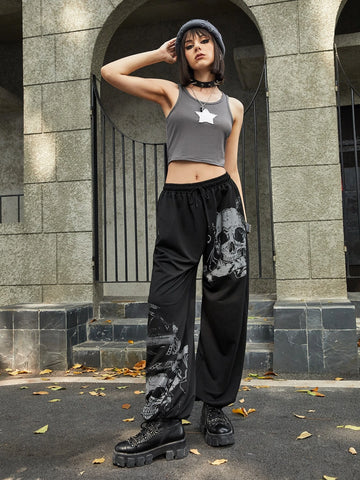 ROMWE Grunge Punk Skull Graphic Sweatpants