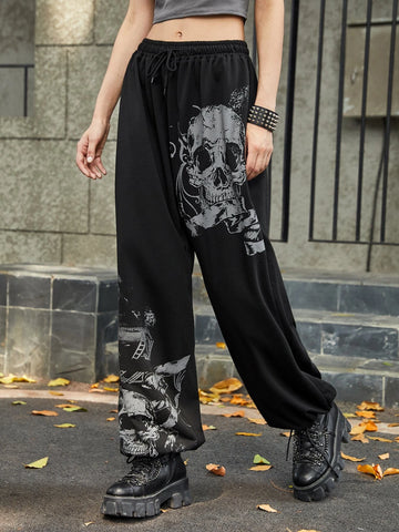 ROMWE Grunge Punk Skull Graphic Sweatpants