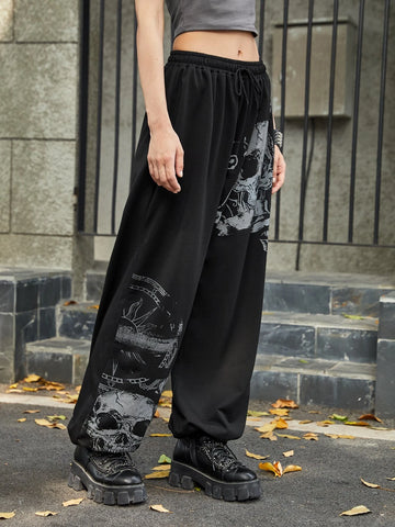 ROMWE Grunge Punk Skull Graphic Sweatpants