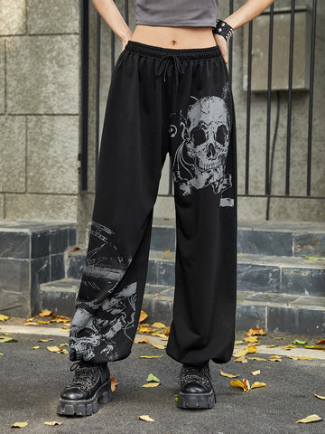 ROMWE Grunge Punk Skull Graphic Sweatpants