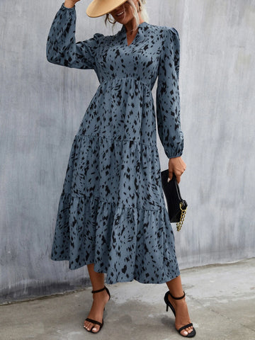 Allover Print Puff Sleeve Ruffle Hem Dress