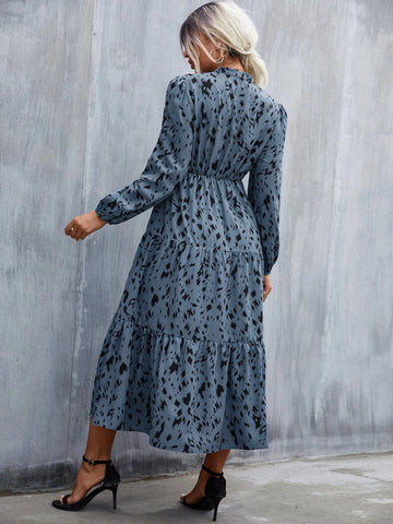 Allover Print Puff Sleeve Ruffle Hem Dress