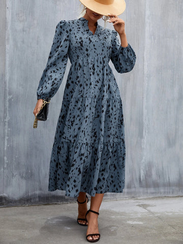 Allover Print Puff Sleeve Ruffle Hem Dress