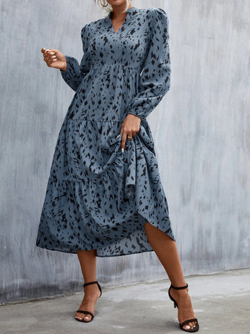 Allover Print Puff Sleeve Ruffle Hem Dress