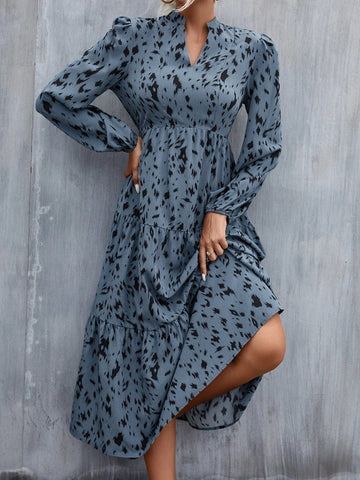 Allover Print Puff Sleeve Ruffle Hem Dress