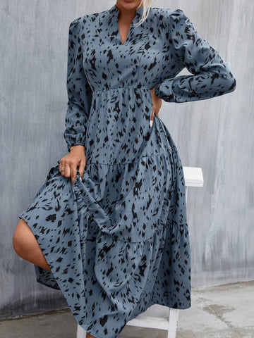 Allover Print Puff Sleeve Ruffle Hem Dress