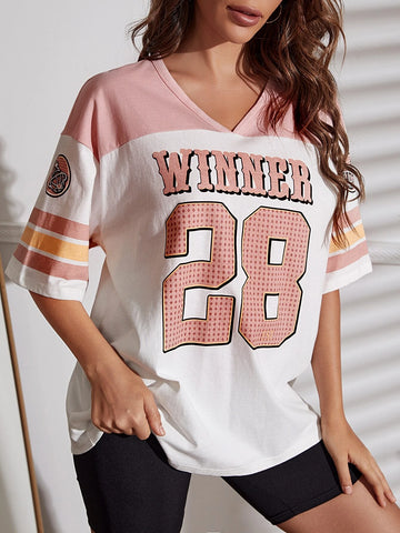 Colorblock & Letter Graphic Drop Shoulder Longline Tee