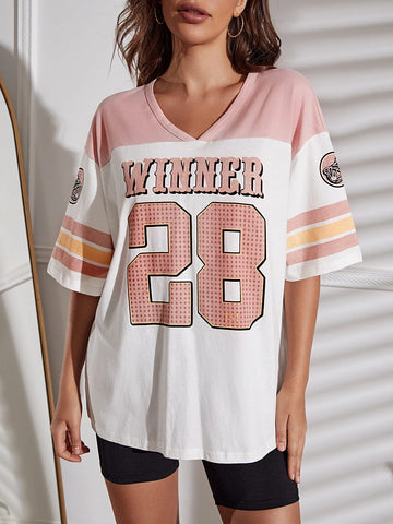 Colorblock & Letter Graphic Drop Shoulder Longline Tee