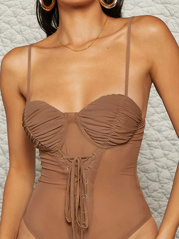 Lace Up Front Ruched Bust Mesh Insert Bodysuit