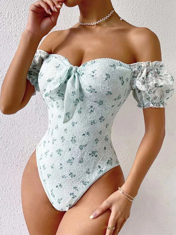 Floral Print Off Shoulder Knot Front Lace Bodysuit