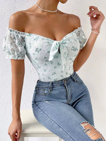 Floral Print Off Shoulder Knot Front Lace Bodysuit