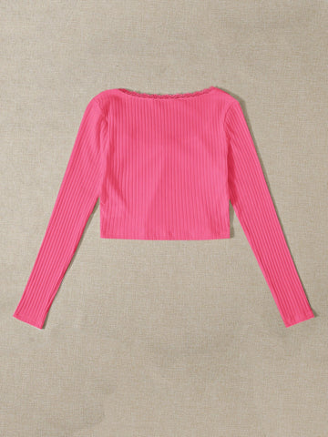 Lace Trim Bow Front Rib-knit Tee