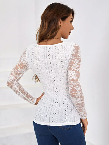 Solid Eyelet Embroidery Contrast Lace Tee