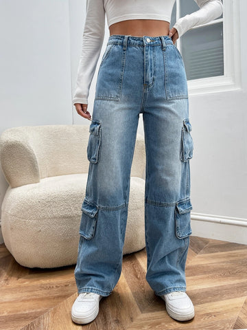 High Waist Flap Pocket Cargo Jeans