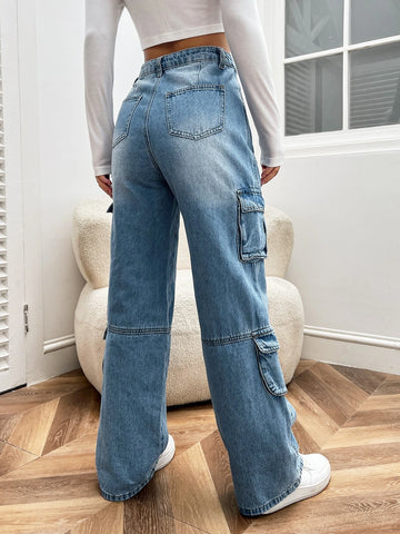 High Waist Flap Pocket Cargo Jeans