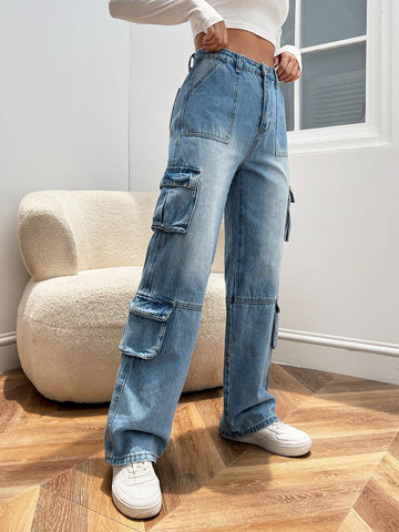 High Waist Flap Pocket Cargo Jeans