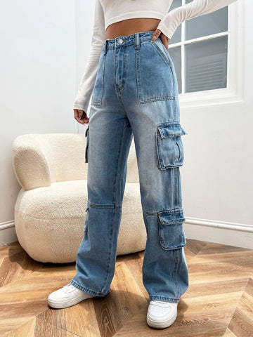 High Waist Flap Pocket Cargo Jeans