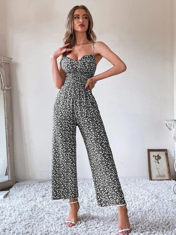 Ditsy Floral Tie Front Shirred Waist Cami Jumpsuit