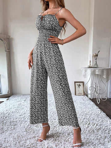 Ditsy Floral Tie Front Shirred Waist Cami Jumpsuit