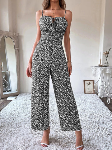 Ditsy Floral Tie Front Shirred Waist Cami Jumpsuit