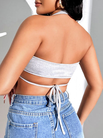 Plunging Neck Tie Backless Crop Halter Top