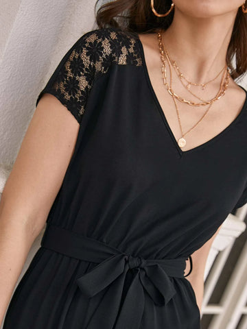 Frenchy Contrast Lace Dolman Sleeve Belted Jumpsuit