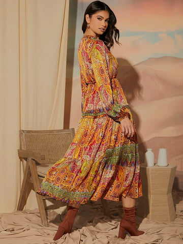 Allover Print Tie Neck Lantern Sleeve Dress Without Belt