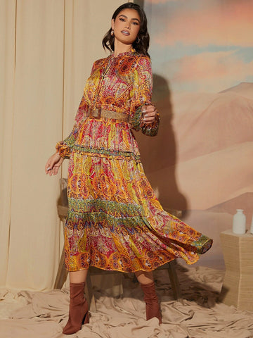 Allover Print Tie Neck Lantern Sleeve Dress Without Belt