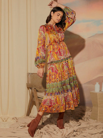 Allover Print Tie Neck Lantern Sleeve Dress Without Belt