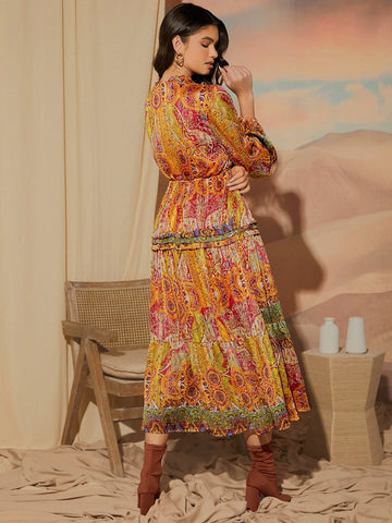 Allover Print Tie Neck Lantern Sleeve Dress Without Belt